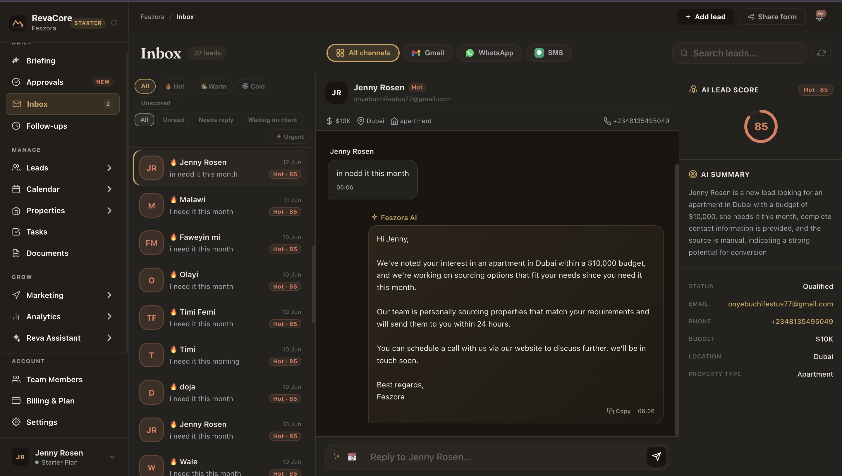 RevaCore unified inbox with AI-assisted replies