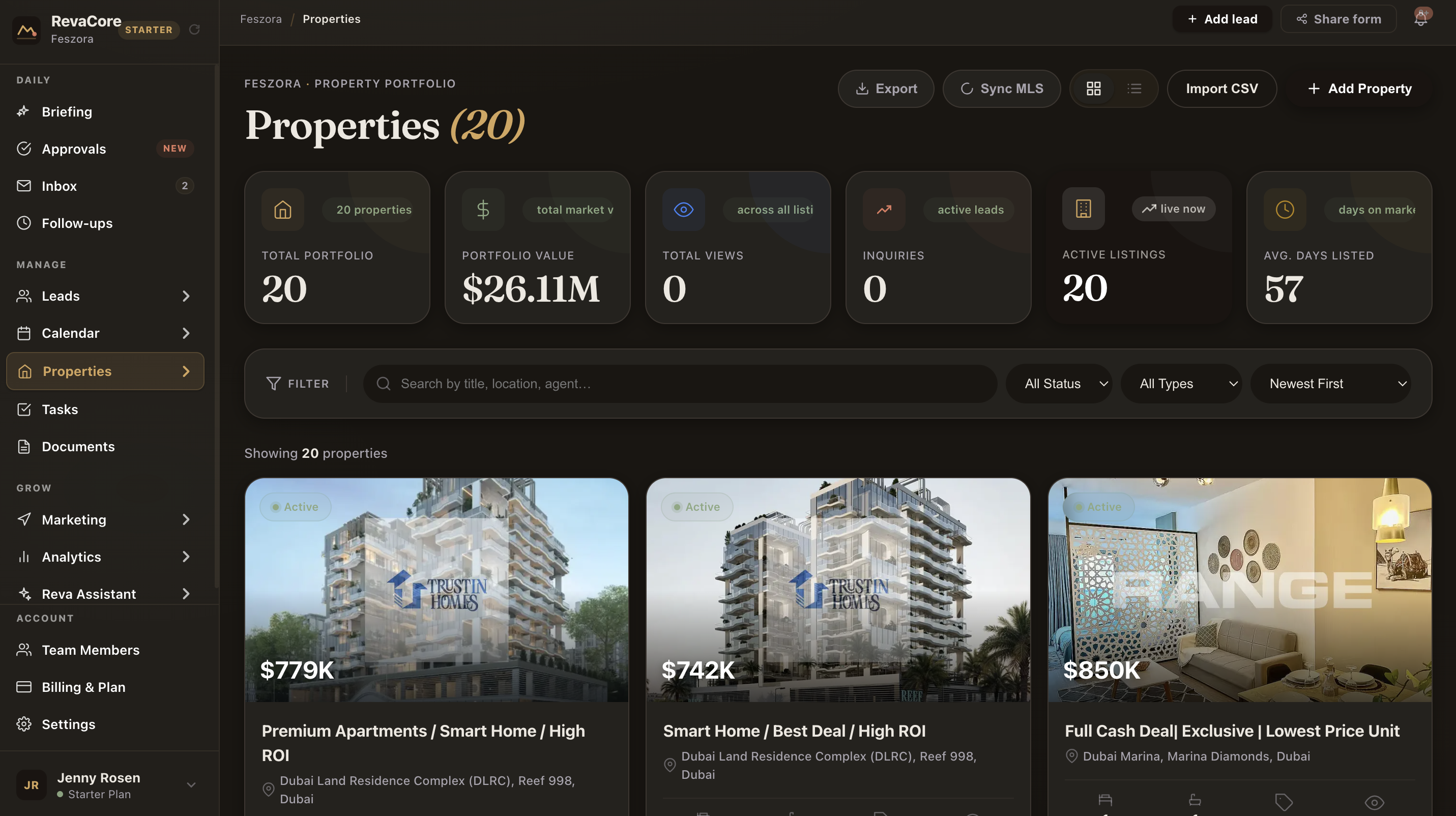 RevaCore property listings and matching